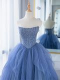 Niulatu A-line Blue Strapless Tulle Sequins Long Prom Dresses HZ1108