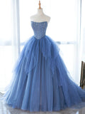 Niulatu A-line Blue Strapless Tulle Sequins Long Prom Dresses HZ1108