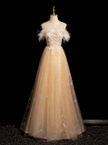 Niulatu Crew Neck Tulle Embroider Sequins Long Prom Dress, Dark Champagne Formal Dress HZ1108