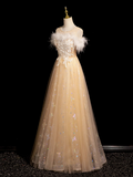 Niulatu Crew Neck Tulle Embroider Sequins Long Prom Dress, Dark Champagne Formal Dress HZ1108