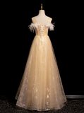 Niulatu Crew Neck Tulle Embroider Sequins Long Prom Dress, Dark Champagne Formal Dress HZ1108