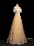 Niulatu Crew Neck Tulle Embroider Sequins Long Prom Dress, Dark Champagne Formal Dress HZ1108