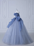 Niulatu Off-Shoulder Tulle Sequins Long Prom Dress, Dusty Blue Formal Dress HZ1108
