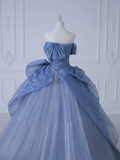 Niulatu Off-Shoulder Tulle Sequins Long Prom Dress, Dusty Blue Formal Dress HZ1108