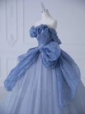 Niulatu Off-Shoulder Tulle Sequins Long Prom Dress, Dusty Blue Formal Dress HZ1108