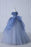 Niulatu Off-Shoulder Tulle Sequins Long Prom Dress, Dusty Blue Formal Dress HZ1108