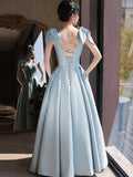 Niulatu A-Line V Neck Satin Beads Long Prom Dress, Blue Evening Dress HZ1108