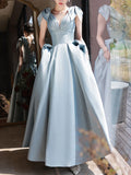 Niulatu A-Line V Neck Satin Beads Long Prom Dress, Blue Evening Dress HZ1108