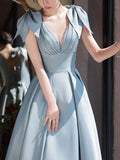 Niulatu A-Line V Neck Satin Beads Long Prom Dress, Blue Evening Dress HZ1108