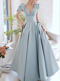 Niulatu A-Line V Neck Satin Beads Long Prom Dress, Blue Evening Dress HZ1108