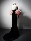 Niulatu V Neck Velvet Black Long Prom Dress, Black Party Dress HZ1108
