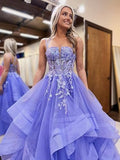 Niulatu A-Line Tulle Lace Long Prom Dress, Purple Long Graduation Dress HZ1108