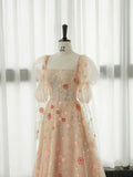 Niulatu Pink A-Line Long Sleeve Tulle Lace Long Prom Dress HZ1108