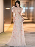 Niulatu Pink A-Line Long Sleeve Tulle Lace Long Prom Dress HZ1108