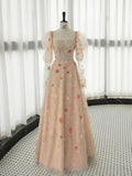 Niulatu Pink A-Line Long Sleeve Tulle Lace Long Prom Dress HZ1108
