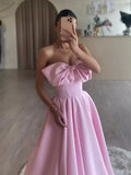 Niulatu A-Line Strapless Satin Long Prom Dress, Pink Long Formal Dress HZ1108