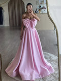 Niulatu A-Line Strapless Satin Long Prom Dress, Pink Long Formal Dress HZ1108