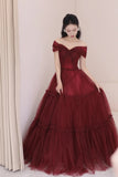 Niulatu A-Line Off Shoulder Tulle Long Prom Dress, Burgundy Long Evening Dress HZ1108