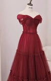 Niulatu A-Line Off Shoulder Tulle Long Prom Dress, Burgundy Long Evening Dress HZ1108