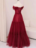 Niulatu A-Line Off Shoulder Tulle Long Prom Dress, Burgundy Long Evening Dress HZ1108