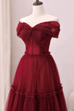 Niulatu A-Line Off Shoulder Tulle Long Prom Dress, Burgundy Long Evening Dress HZ1108