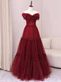 Niulatu A-Line Off Shoulder Tulle Long Prom Dress, Burgundy Long Evening Dress HZ1108