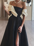 Niulatu A-Line Satin Off Shoulder Long Prom Dress, Black Long Formal Dress HZ1108