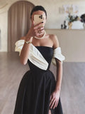 Niulatu A-Line Satin Off Shoulder Long Prom Dress, Black Long Formal Dress HZ1108