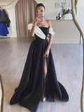 Niulatu A-Line Satin Off Shoulder Long Prom Dress, Black Long Formal Dress HZ1108