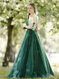 Niulatu Green A-Line Tulle Lace Backless Long Prom Dress, Green Long Evening Dress HZ1108