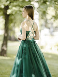 Niulatu Green A-Line Tulle Lace Backless Long Prom Dress, Green Long Evening Dress HZ1108