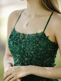 Niulatu Green A-Line Tulle Lace Backless Long Prom Dress, Green Long Evening Dress HZ1108
