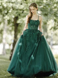 Niulatu Green A-Line Tulle Lace Backless Long Prom Dress, Green Long Evening Dress HZ1108