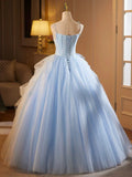 Niulatu A-Line Spaghetti Strap Tulle Lace Long Prom Dress, Blue Long Sweet 16 Dress HZ1108