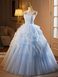Niulatu A-Line Spaghetti Strap Tulle Lace Long Prom Dress, Blue Long Sweet 16 Dress HZ1108