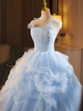 Niulatu A-Line Spaghetti Strap Tulle Lace Long Prom Dress, Blue Long Sweet 16 Dress HZ1108
