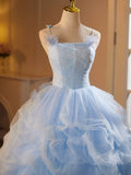 Niulatu A-Line Spaghetti Strap Tulle Lace Long Prom Dress, Blue Long Sweet 16 Dress HZ1108