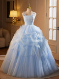 Niulatu A-Line Spaghetti Strap Tulle Lace Long Prom Dress, Blue Long Sweet 16 Dress HZ1108