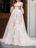 Niulatu lace tulle long prom dress, Champagne wedding dress HZ1108