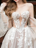 Niulatu lace tulle long prom dress, Champagne wedding dress HZ1108