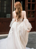 Niulatu lace tulle long prom dress, Champagne wedding dress HZ1108