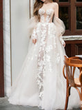 Niulatu lace tulle long prom dress, Champagne wedding dress HZ1108