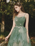Niulatu A-Line Spaghetti Strap Tulle Lace Long Prom Dress ,Formal Evening Dress HZ1108