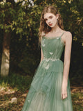 Niulatu A-Line Spaghetti Strap Tulle Lace Long Prom Dress ,Formal Evening Dress HZ1108