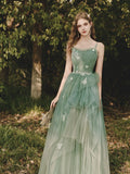 Niulatu A-Line Spaghetti Strap Tulle Lace Long Prom Dress ,Formal Evening Dress HZ1108
