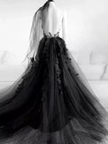 Niulatu A-Line Tulle Lace Appliques Sleeveless,Backless Train Wedding Dresses HZ1108