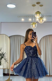 Niulatu Sweetheart Neck Tulle Lace Short Prom Dress, Dark Blue Homecoming Dress HZ1108