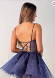 Niulatu Sweetheart Neck Tulle Lace Short Prom Dress, Dark Blue Homecoming Dress HZ1108