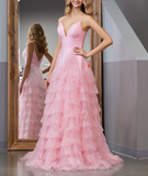 Niulatu Pink A-Line Tiered Spaghetti Straps Tulle Prom Dress,Light Pink Sweet 16 Dress HZ1108