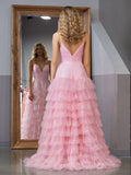 Niulatu Pink A-Line Tiered Spaghetti Straps Tulle Prom Dress,Light Pink Sweet 16 Dress HZ1108